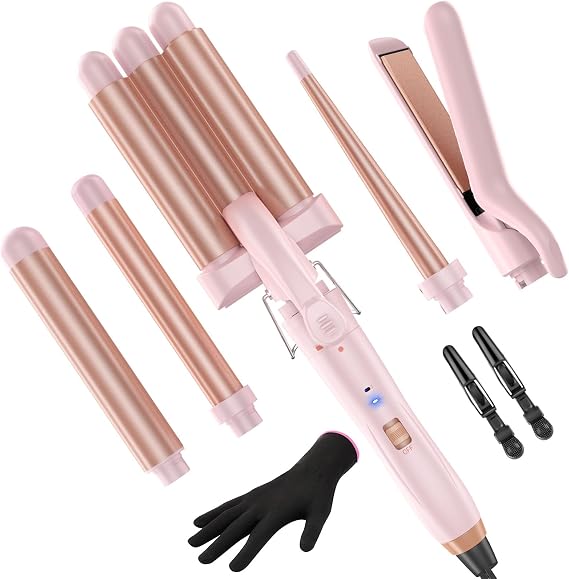 5 in 1 Wand Curling Iron-Kinked Curling Wand Set with Flat Iron Hair Straightener, 3 Barrels Hair Crimper, 3 Ceramic Curling Irons (0.35"-1.25"), 2 Temps Fast Heat Hair Waver Curler, Pink