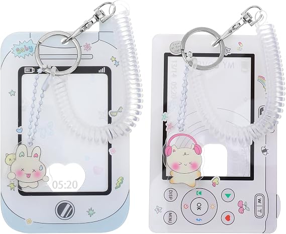 2 Pcs Photocard Holder Keychain, Cute Photo Card Holder with Spiral Wrist Coil, Photo Keychains for Bus Card Credit ID Bank Cards Pendant, Blue & Pink