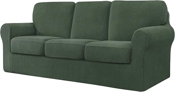 7 Piece Stretch Sofa Covers for 1Base Cover 3 Cushion Couch Cover and 3 Backrest Cover for Living Room Furniture Slipcovers Thicker Jacquard Fabric (Army Green)