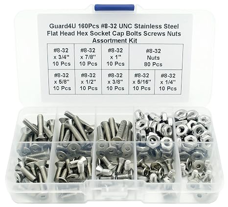 160Pcs #8-32 UNC 304-Stainless Steel Flat Head Countersunk Hex Socket Cap Bolts Screws Nuts Assortment Kit- #8-32x 1/4" 5/16" 3/8" 1/2" 5/8" 3/4" 7/8" 1"