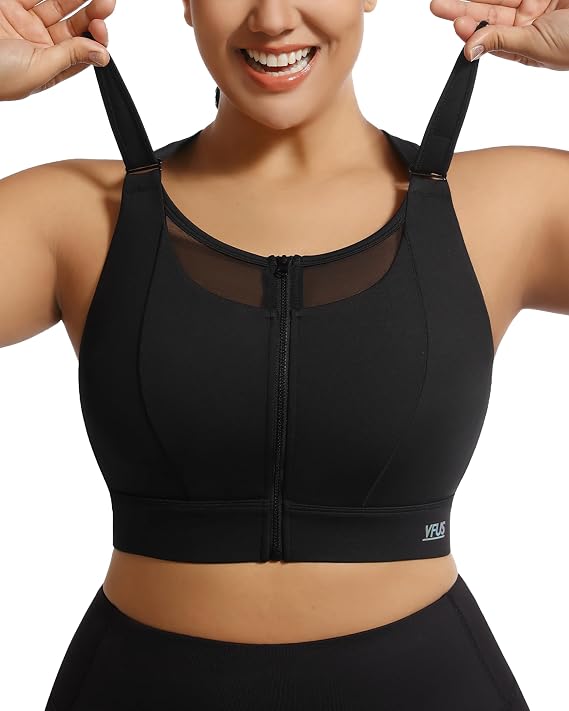 Adjustable High Impact Sports Bra Zip Front Sexy Mesh Racerback Workout No Bounce Compression Bras for Women Plus Size