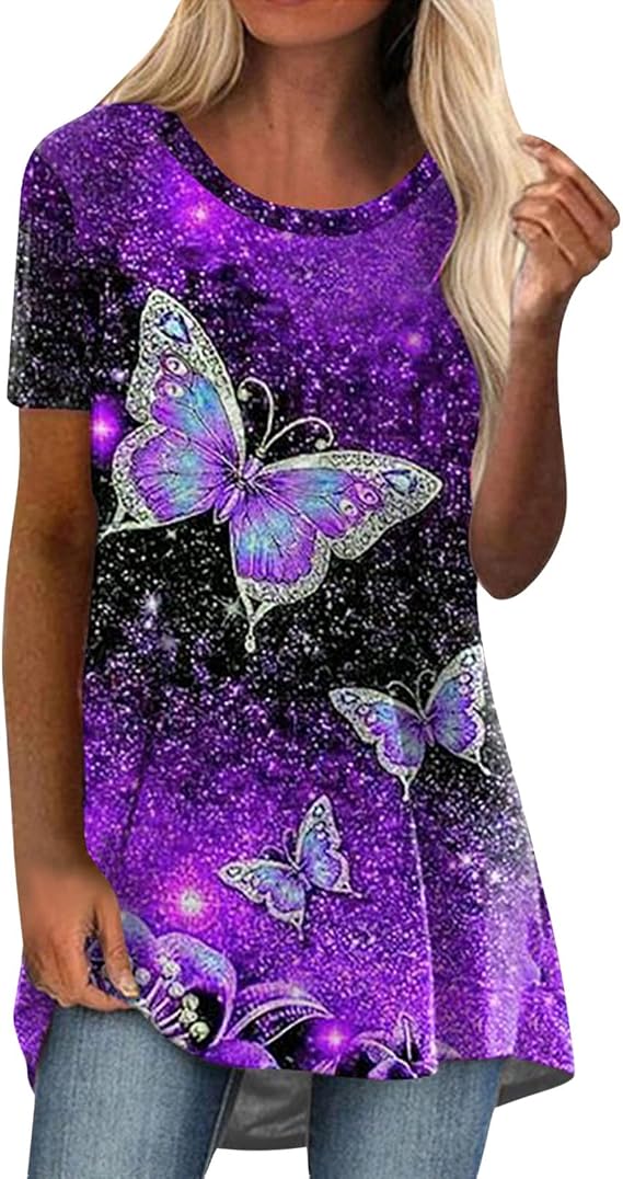 Womens Tunic Tops Short Sleeve Casual Ladies Tunics Loose Longline Blouses Shirts Round Neck Stretch Comfortable Baggy Cotton Basic Tee Long Oversized Summer T-Shirts Dressy Tshirts