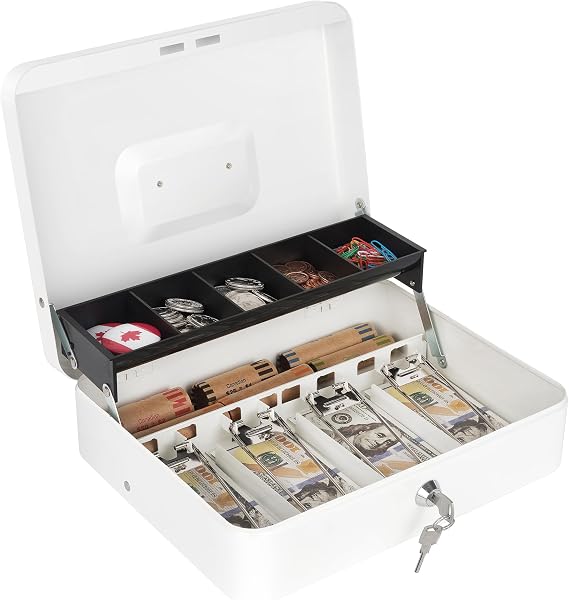 Sumerfnt Cash Box with Lock and Money Tray Money Box for Cash, Metal Lock Box for Money Cash Register - 11.8" x 9.4" x 3.54" White