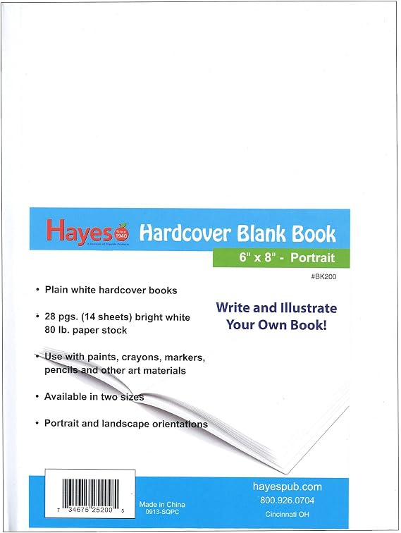 Hayes Hardcover Blank Book, White, 28 pages (14 sheets), 6"W x 8"H