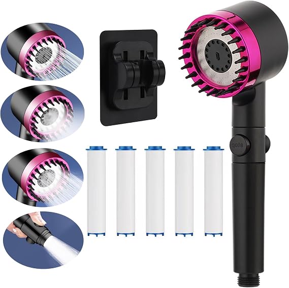 Shower Head with Filter Shower Head Water-Saving with 4 Jet Types and Stop Function High Pressure Hand Shower Shower Head Universal Shower Head with 5 Filters and Hooks
