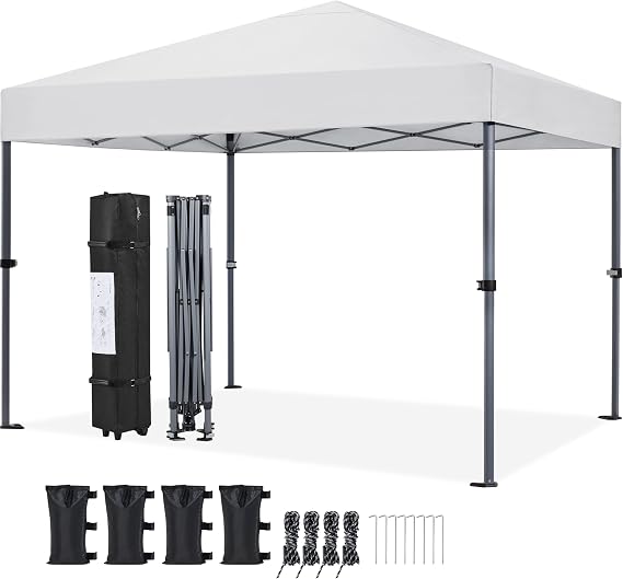 Yaheetech 10x10 Pop Up Canopy Tent 1-Button One Person Quick Setup, White | Portable Easy Set-up Commercial Gazebo Equipped with Wheeled Bag & 4 Sandbags, Fit for Home Party and Outdoor Events
