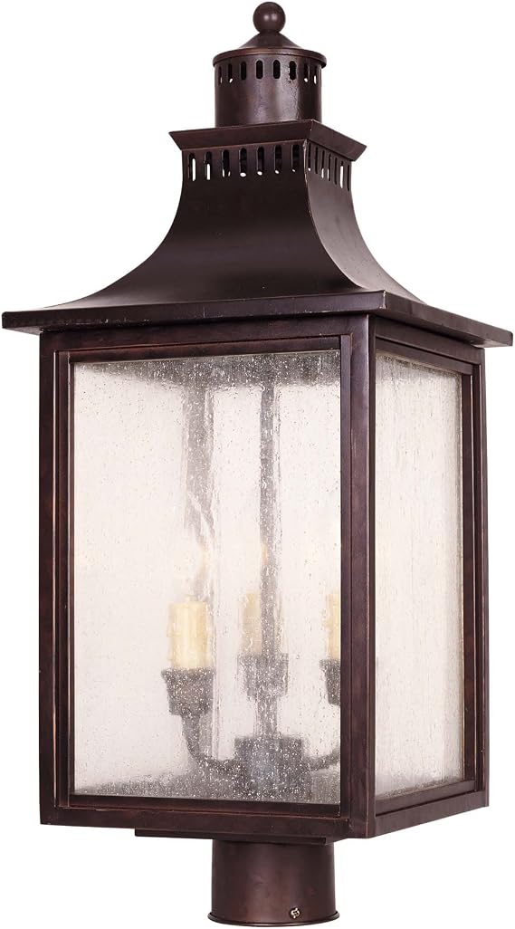 Savoy House 5-255-13 Monte Grande Modern Farmhouse Rustic Pale Cream Seeded Glass Outdoor Post Lantern, 3-Light 120 Total Watts, 24" H x 10" W, English Bronze