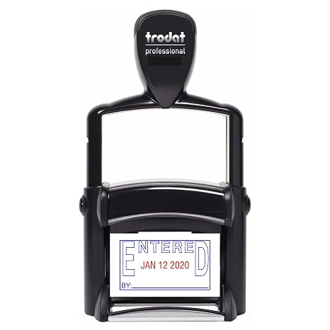 Trodat 5440E4-B/R - Self-Inking Entered (Outline Text) Date Stamp with Outside Border and by: Line, Blue/Red Ink, 1.75" Thick, 6" Height, 3.25" Length
