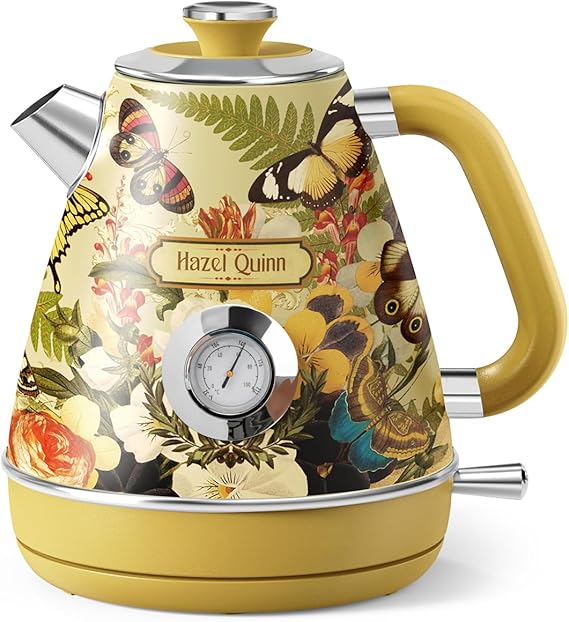 Hazel Quinn Retro Electric Kettle, 1.7 Liters with Thermometer, Pearl White | 57.5 Ounces Tea Kettle All Stainless Steel, 1200 Watts Fast Boiling,