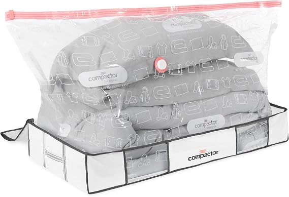 Compactor Under Bed Vacuum Storage Bag with Semi-Rigid Box, Closet Organizer, Vacuum Seal Bags for Clothing and Bedding, Fits All Vacuum and Nozzle Types, 190L, White, XL