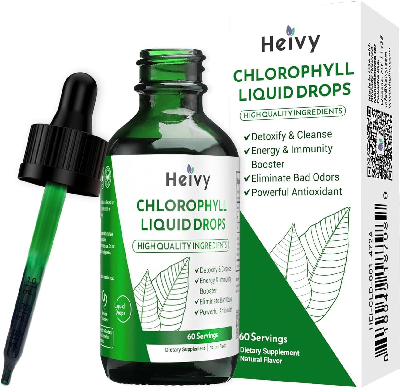 Heivy Chlorophyll Liquid Drops, Internal Deodorizer, Detox & Cleanse, Powerful Antioxidant, Support Overall Health, 100% Natural and Gluten Free, 2 fl oz 60ml