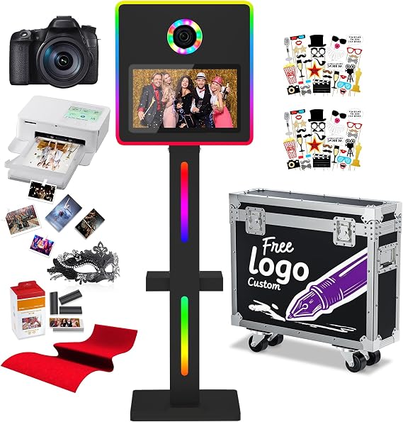 Mirror Photo Booth with Camera and Printer,15.6" Interactive DSLR Photo Booth with Flight Case,Remote Control RGB Light,Instant Printing for Wedding Parites(Black)