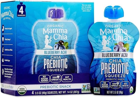 Mamma Chia Organic Prebiotic Squeeze Snack, Blueberry Acai, Fiber-Rich Prebiotic Gut Support,USDA Organic, Non-GMO, Vegan, Gluten Free, 3.5 Ounce (Pack of 4)