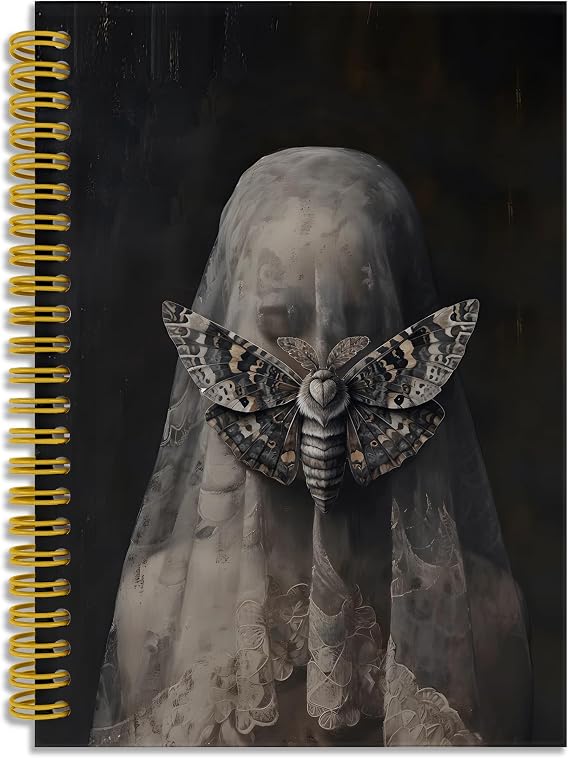 Gothic Veiled Woman Moth Notebook Journal, Moody Witchy Aesthetic Journal for Women, Dark Academia Spiral Notebook 5.5x8.3, Witchy Office School Supplies