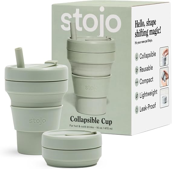 STOJO Collapsible Travel Cup - Reusable To-Go Pocket Size Silicone Bottle for Hot and Cold Drinks - Perfect for Camping - Microwave & Dishwasher Safe (Sage Green, 16, ounces)