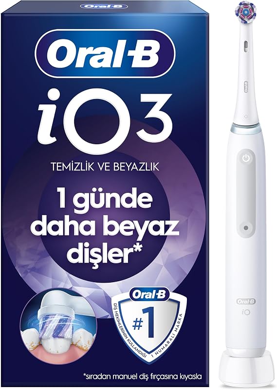 Oral-B iO3 Beyaz Şarjlı/Elektrikli Diş Fırçası, 1 Fırça Başlığı, Uzun Ömürlü Pil