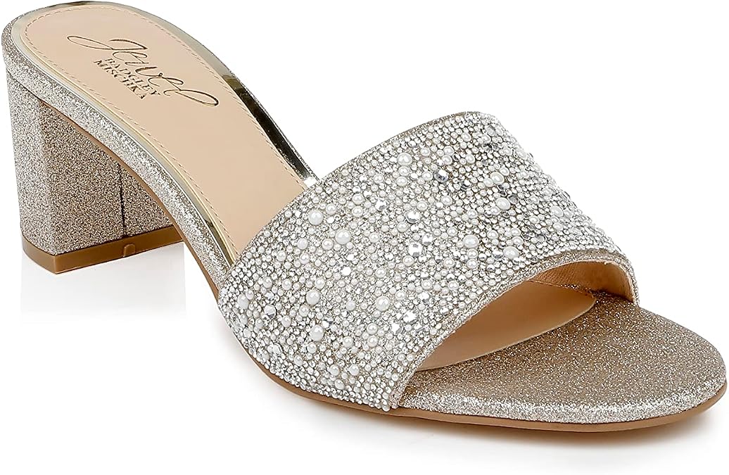 Jewel Badgley Mischka Della Glitter Block Heel Mules