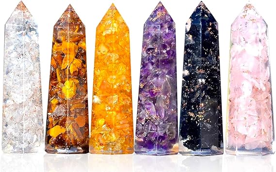 Healing Crystal Wand Set of 6 Orgonite Includes 3 Amethyst Crystal, Tigers Eye, Rose Quartz, Black Tourmaline Stone, Citrine and Clear Quartz Orgone Crystal Plus Black Tourmaline Necklace