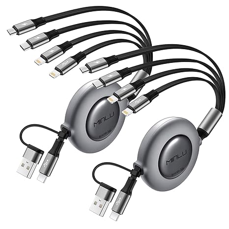 Minlu Multi Charger Cable, 6 IN 1 Retractable Charging Cable [2Pack 1.2M] | USB Charging Cable with Lightning/Type-C/Micro,Retractable USB Cable for iPhone17 16 15 14 13 12/Samsung/Huawei/Sony/Tablet