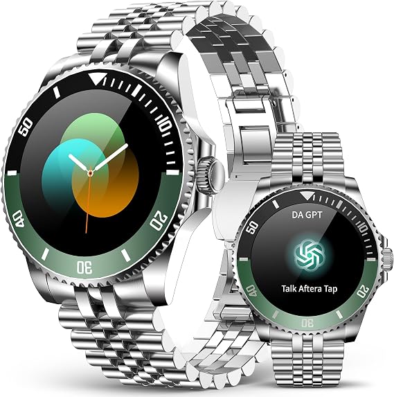 SOUYIE GPT AI Smart Watch Men, Fitness Tracker Waterproof 44mm Silver Green