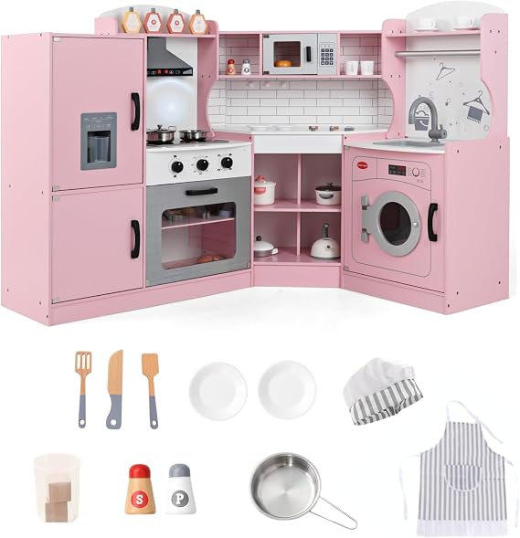 Corner Wooden Play Kitchen Set for Kids w/Light&Sound for 3+Toddler