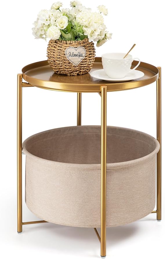 danpinera Round Side Table Gold Side Table with Storage Space Small Table for Bedside Table Round Metal Small for Living Room Table Bedroom Children's Room Gold