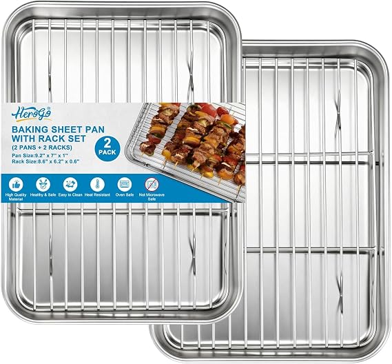 Herogo Small Stainless Steel Baking Sheet with Rack Set(2 Pans + 2 Racks), 9.2'' x 7'' x 1'' Mini Metal Bacon Tray with Cooling Rack Set for Oven, Nontoxic & Easy Clean
