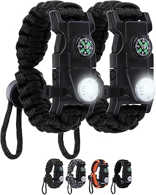 Survival Bracelets, Paracord Bracelets 2 pcs with Loud Whistle Light Flint, Adjustable Compass Bracelet for Outdoor Camping Hiking Fishing Hunting, Multitools Tactical Gear, Bearable 300 lb
