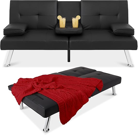 Best Choice Products Faux Leather Upholstered Modern Convertible Futon, Adjustable Folding Sofa Bed, Guest Bed w/Removable Armrests - Black