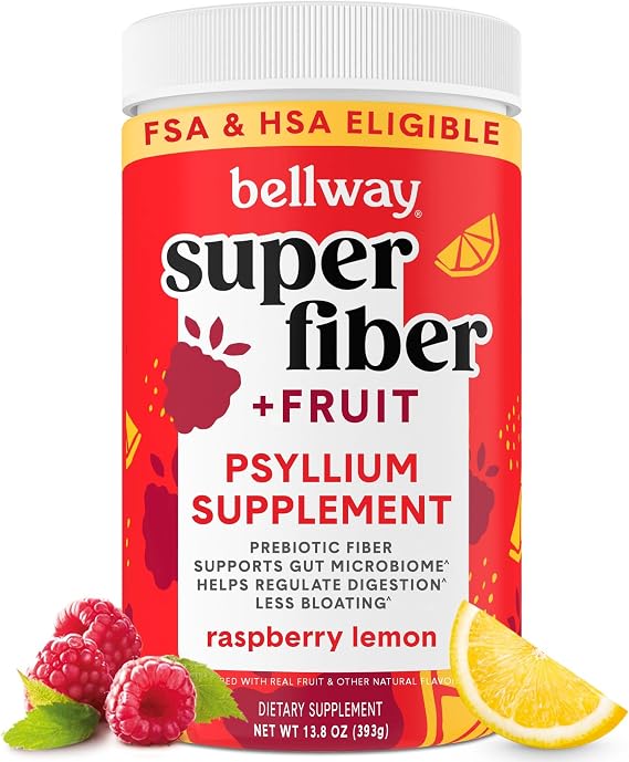 Bellway Super Fiber + Fruit, Organic Psyllium Husk Powder, Sugar-Free | Prebiotic Fiber Supplement for Digestive & Gut Health, Regularity, Plant-Based, Non-GMO, Aspartame-Free, 50 Servings