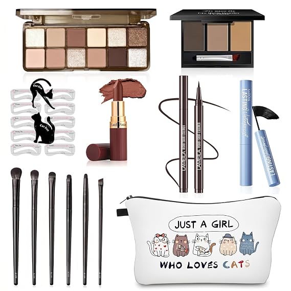 Basic Eye Makeup Kit for Women, 90s Neutral Eyeshadow, Brow Powder, Brow Stencils, Cat Eyeliner Guides, Taupe Matte Lipstick, Cat Lover Cosmetic Bag & etc. - Perfect Makeup Gift Set for Girls & Teens.
