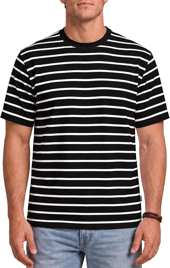Zengjo Mens Striped Shirt Short Sleeve Cotton Stretch Crewneck T-Shirt