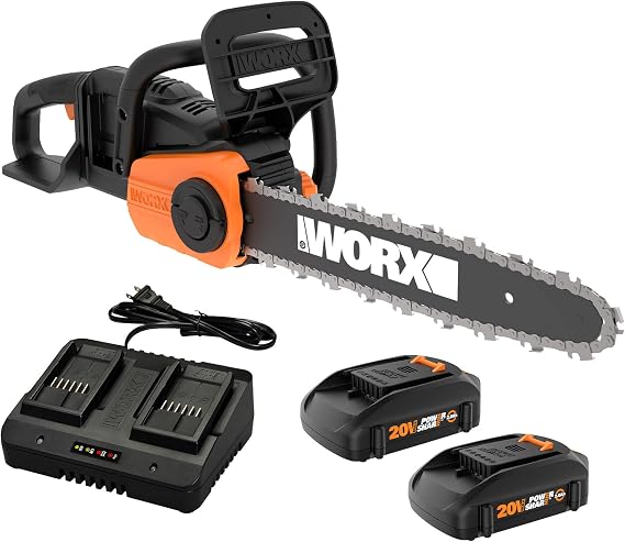 WORX Cordless Chainsaw with Auto-Tension, 40V 14", WG384 | brushless motor;quick stop chain brake; 2x20V batteries & dual charger; auto-tension; lightweight design; PowerShare
