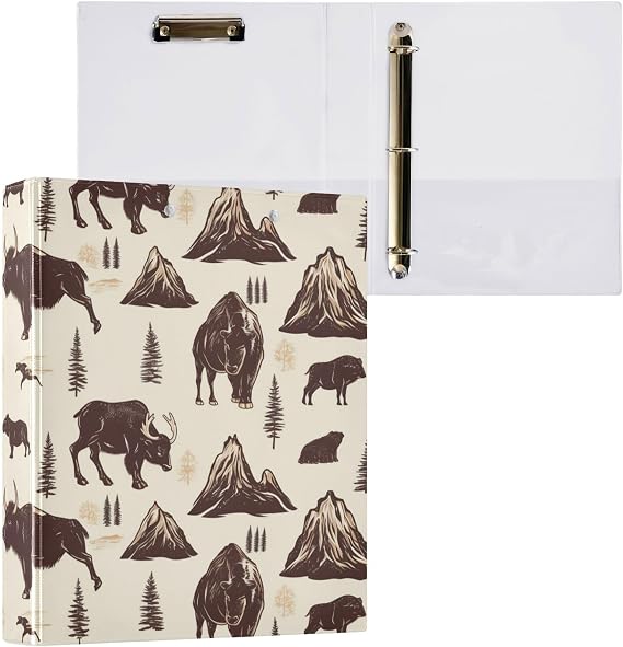 1 and 1/2 Inch Binders 3 Ringed College Binders for Students with Pocket Cover Aesthetic Binder 200 Sheets 1 Pack Bison Moose and Bears with Mountains and Trees