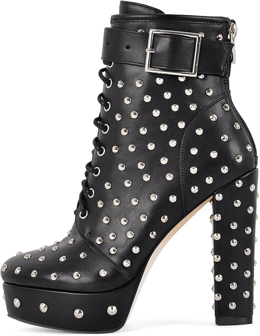 richealnini Lace Up Ankle Buckle Boots with Rivets Back Zip Up Block Heels Riding Motorcycle Boots Stylish Women Dressy