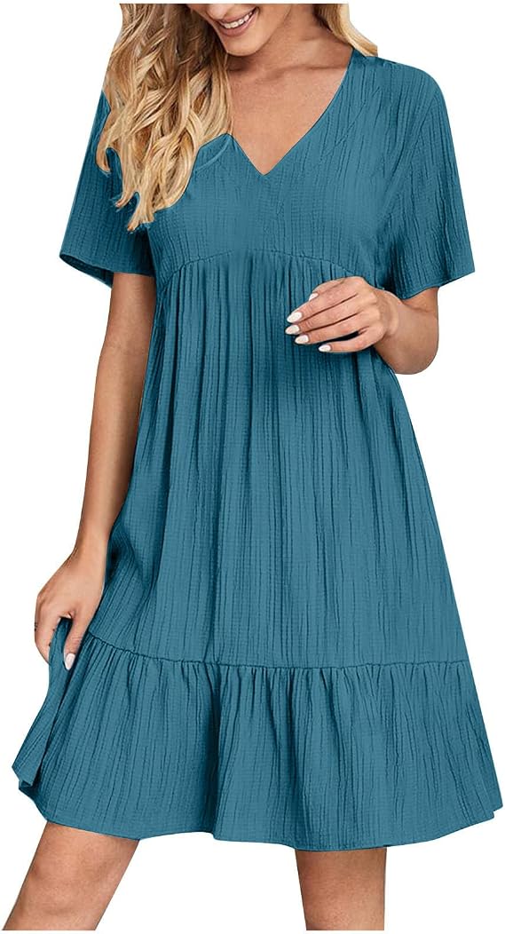 FZYLQY 2026 Summer Dress for Women Vacation Short Sleeve V Neck Mini T Shirt Dresses Pleated Ruffle Flowy Beach Sundresses