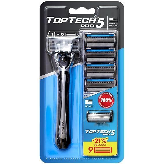 TopTech PRO 5 Razors for Men - Manual Shaving Razor & Replaceable Cartridges - 5-Blades Technology - 10 Count Pack (1 Handle + 9 Refills) - Soft Shave & Sharp Blades - Cost-effective Refill