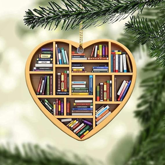 Book Lovers Ornaments Gifts, Bookshelf Heart Ornament Christmas for Tree 2025, Bookstore Book Lovers Heart Librarian Ornament, Gifts for Readers, Librarian, Reader, Library, Reading (C)