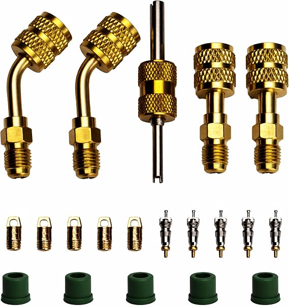 R410A Refrigerant Mini Split Adapter for Air Conditioning Tools & Equipment, 5/16" Female to 1/4" Male Flare, Valve Core Remover, R134A Hose Gaskets, 5V1 Valve Cores for HVAC & Refrigeration Service