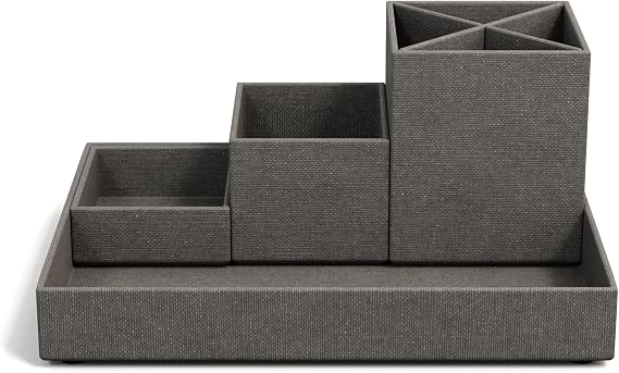 Bigso Box of Sweden Schreibtisch Organizer für Stifte Büroklammern Haftnotizen usw. – Sortierkasten mit 4 Fächern – Ordnungssystem aus Faserplatte und Papier in Leinenoptik – grau