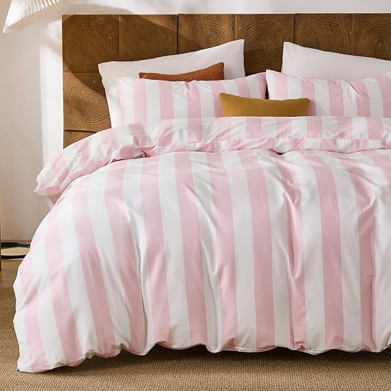 Merryword Pink and White Striped Duvet Cover Set Queen Size, 100% Cotton Bedding Set with Zipper Closure & 8 Corner Ties, Luxury Linen Like Bedding, Soft Breathable Comforter Cover for All Seasons