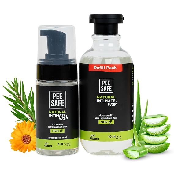 Pee Safe Mens Intimate Wash with Refill, Tea Tree Oil pH Balanced Daily Hygiene Cleanser for Men, Gentle Ball Wash for Men, Jabon Intimo Para Hombre, 13.52 Fl Oz