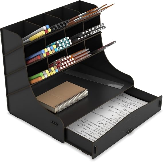 Mingitav Chamber 12 Eyes Oversized Desktop Pen Holder Organizer, Desktop Organizer A4 Document Rack with Drawers (Black)