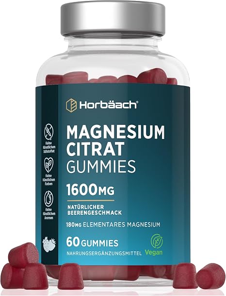 Horbaach Magnesium Gummy Bears 1600 mg Magnesium Citrate Gummies with Vitamin C Alternative to Iron Tablets 60 Vegan Gummies
