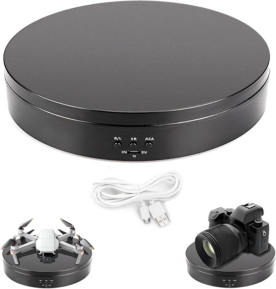 Leadleds Motorized Electric Turntable, 360 Rotating Display, 7.7in Black | Max 10lbs Load, Speed and Angle Adjustable, Battery or USB Powered, Ideal for Photography, 3D Models, Video Shoot
