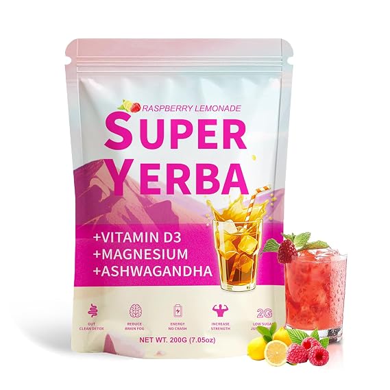 Super Yerba, Yerba Mate Instant Tea Powder - Clean Energy & Focus with L-Theanine, Gut Health Support with Prebiotics, Raspberry Lemonade Flavor - 20 Servings (1 Bag)