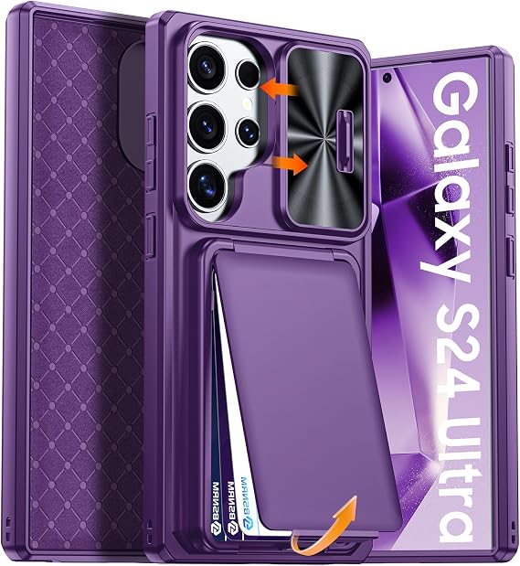 for Samsung Galaxy S24 Ultra Case Wallet with RFID Blocking, Card Holder, Slide Camera Lens Cover, Silicone Edge Raised, Rugged Heavy Duty Phone Cover Case for Galaxy S24 Ultra, 2024, Purple