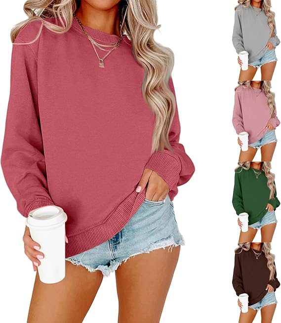Womens Casual Crewneck Sweatshirts Fall Long Sleeve Pullover Drop Shoulder Ribbed Cuffs Hem Oversized Sweatshirt