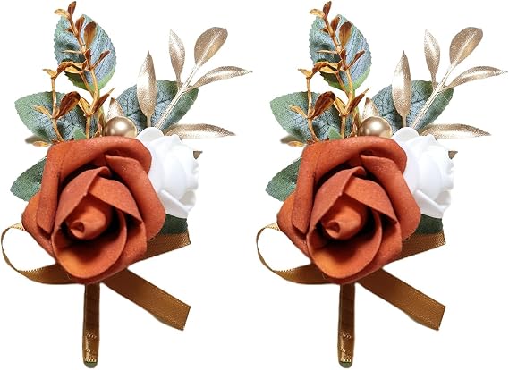 Groom Boutonniere Set of 2 Terracotta Rose Artificial Flower Wedding Bestman Lapel Pin Groomsman Button Hole Parent Flower for Wedding Quinceanera Birthday Father Daughter Dance Prom Party Homecoming
