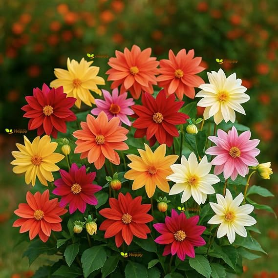 30 Dwarf Dahlia Starlight Seeds – Dahlia variabilis – Large Star-Shaped Bronze, Salmon, Apricot & Mixed Flowers, Compact Bedding Plant – Free Plant Tag